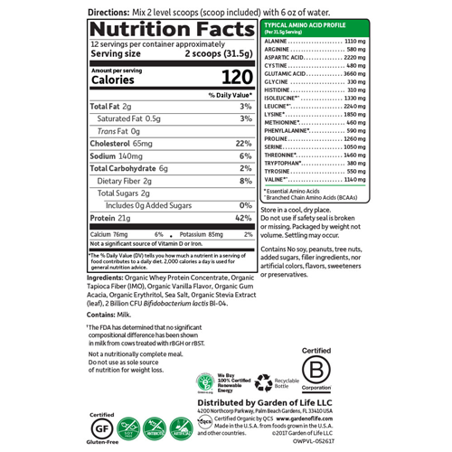 Organic Grass Fed Whey (Vanilla) 378g by Garden of Life