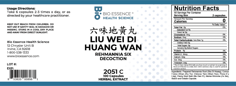 Liu Wei Di Huang Wan 100 caps by Bio Essence