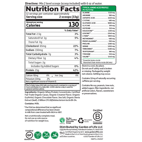 Organic Grass Fed Whey (Chocolate) 396g by Garden of Life